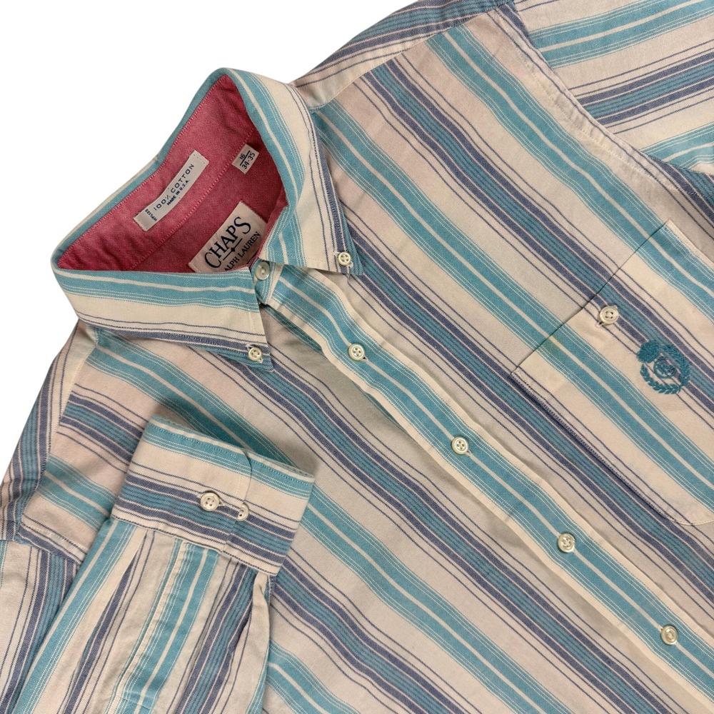 Chaps Ralph Lauren Shirt Men 16 Blue Striped Long Sleeve Button Down USA Vintage